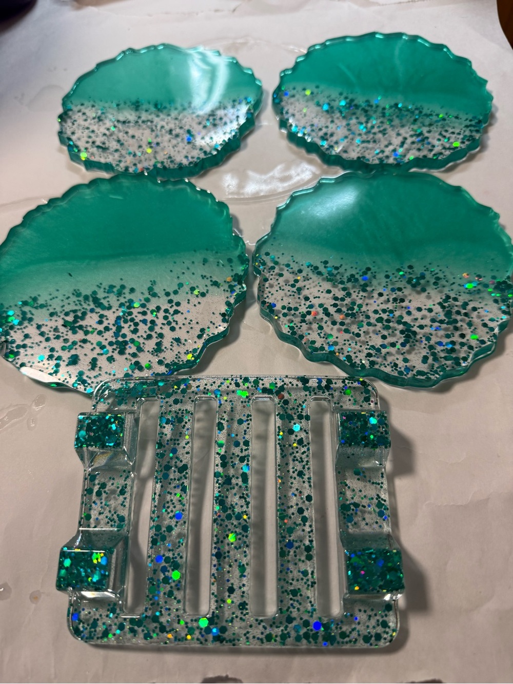Handmade Teal Glitter Resin Coaster Set with Matching Holder